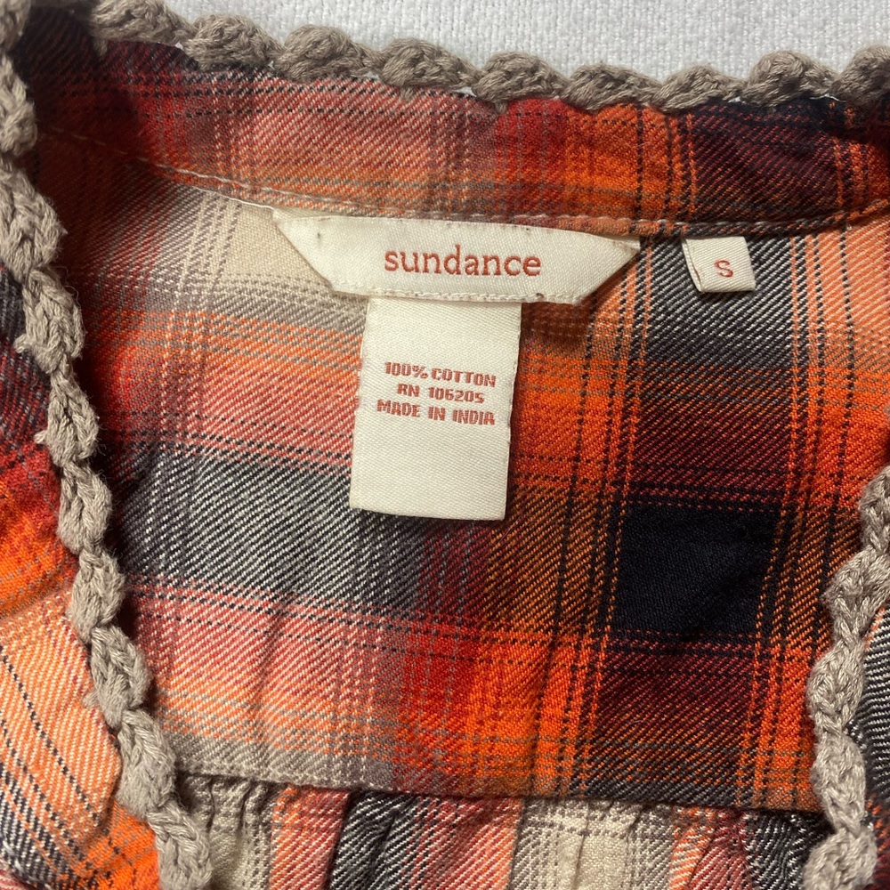 Sundance Orange Black Cream Plaid Peasant Top - Picture 2 of 8